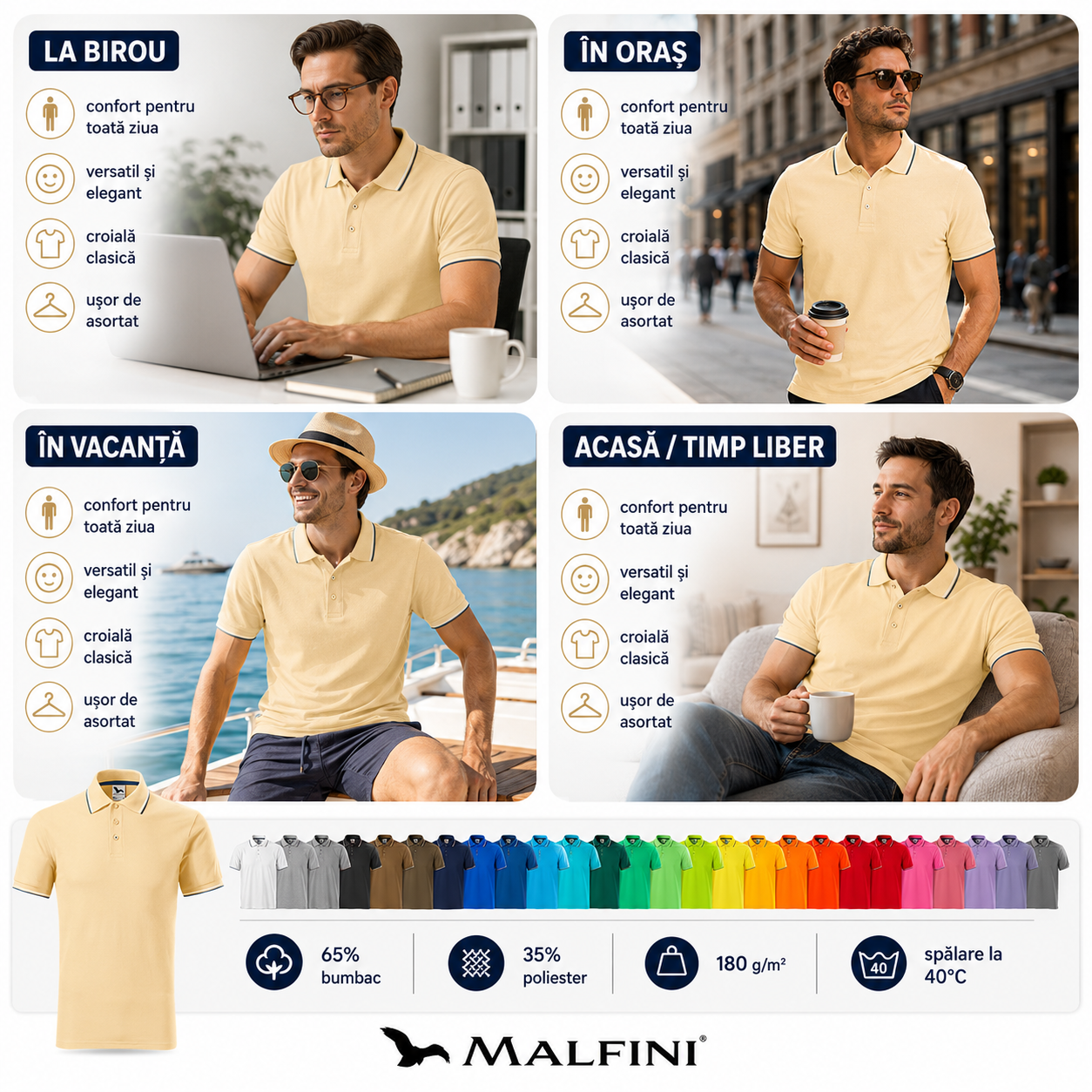 Tricou polo bărbați Malfini Premium Focus 232 potrivit pentru birou, oraș, vacanță, timp liber și personalizare